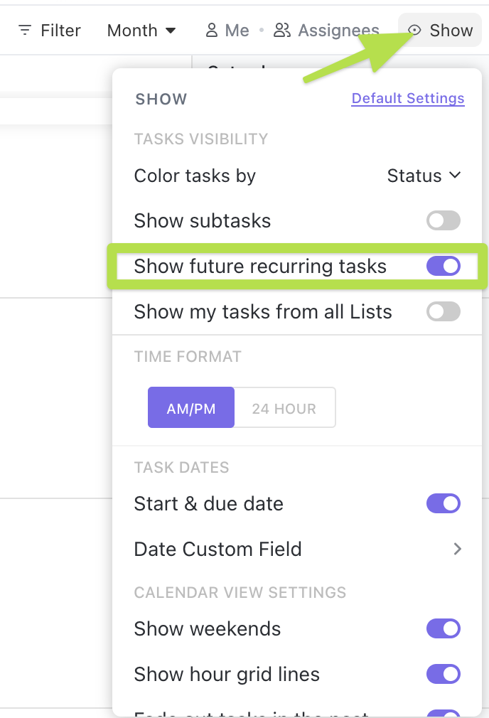 Screenshot of the 'show future recurring tasks' option toggled on in Calendar view.