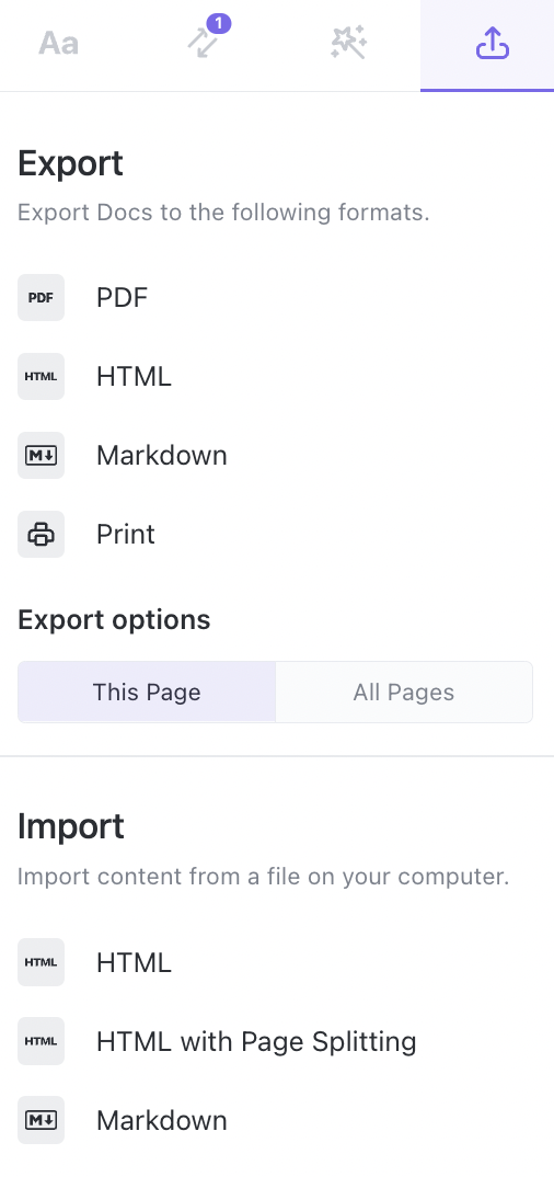 Screenshot of the import and export menu for Docs.