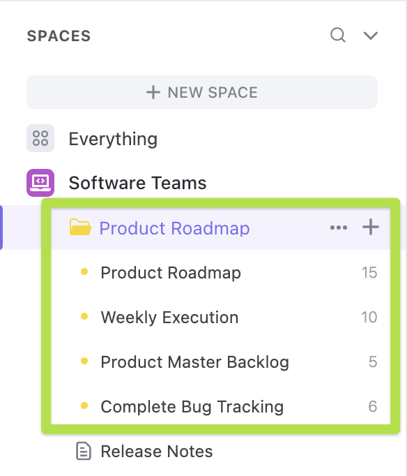 Image showing the Lists in the Product Roadmap Folder.
