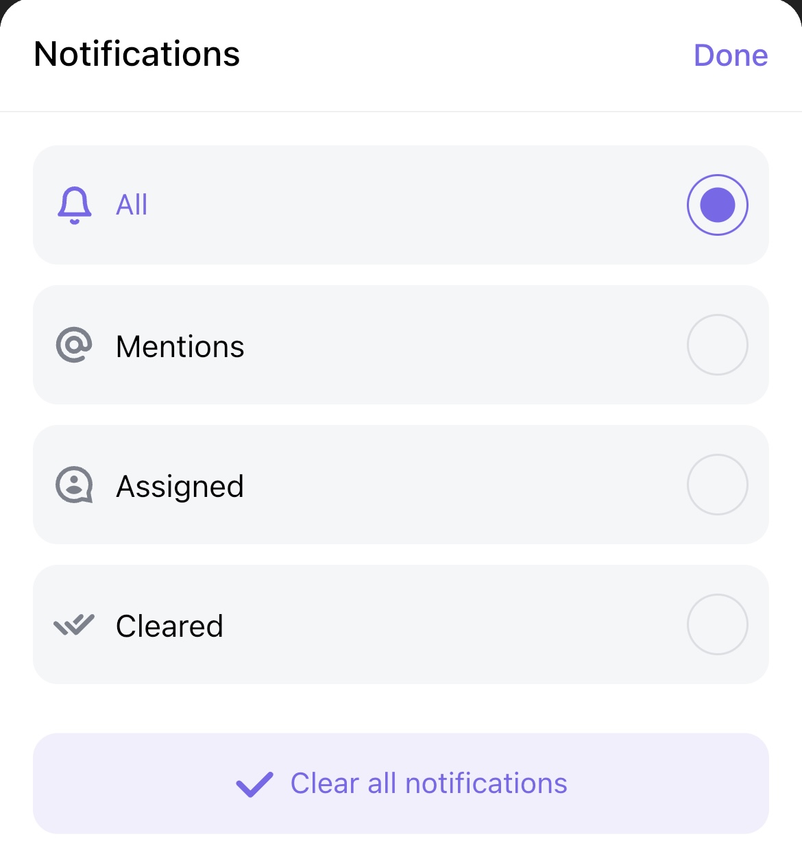 Screenshot of the notifications filtering options on mobile.