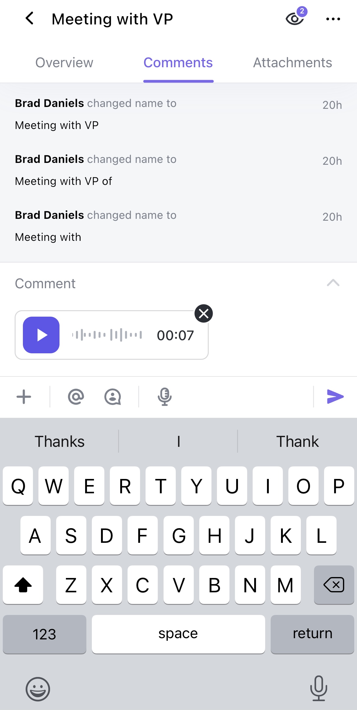 Screenshot of someone about to send a Voice Clip on the mobile app.