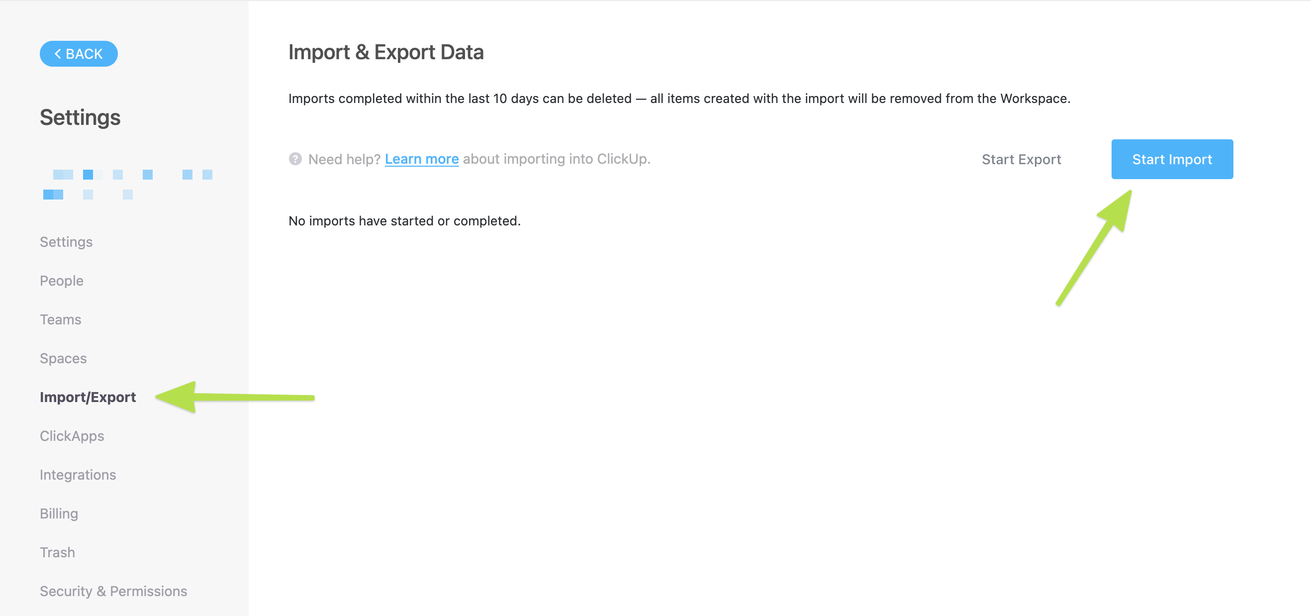Screenshot showing the import/export page.