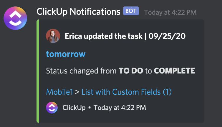 Screenshot of the Discord integration being used.