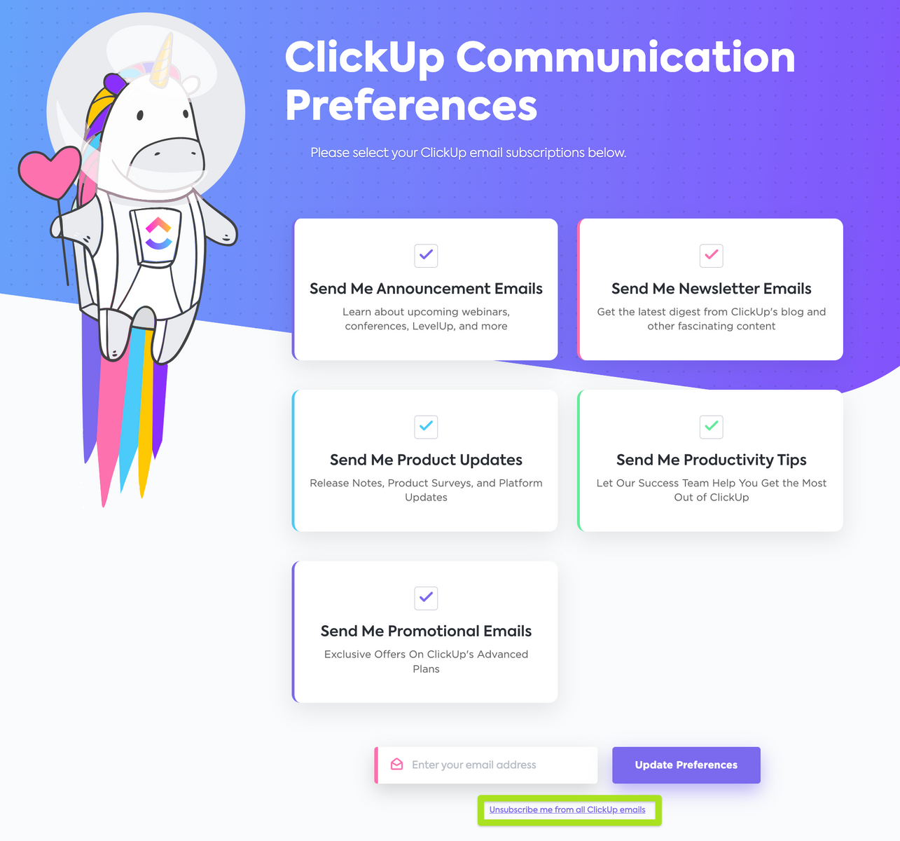 Screenshot of ClickUp's communication preferences page.