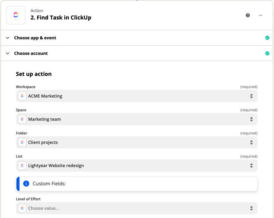 Screenshot of a ClickUp Zap focusing on actions.