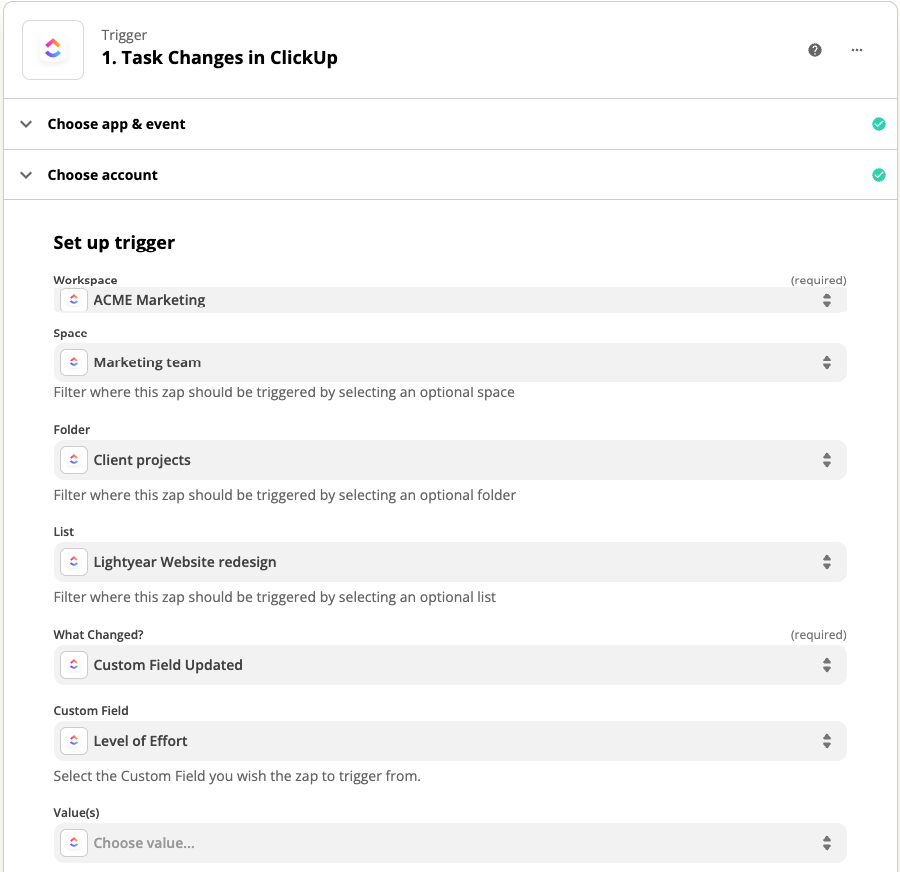 Screenshot of a ClickUp Zap focusing on triggers.