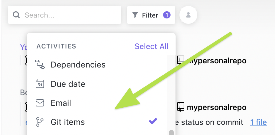 Screenshot of the Git items task activity filter.
