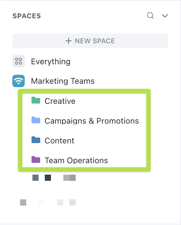 Screenshot showing the Folders within the Marketing teams space