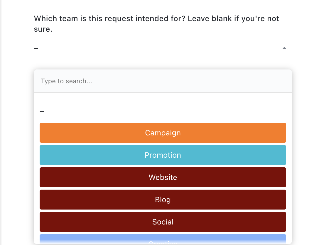 Screenshot of task type options on marketing request form