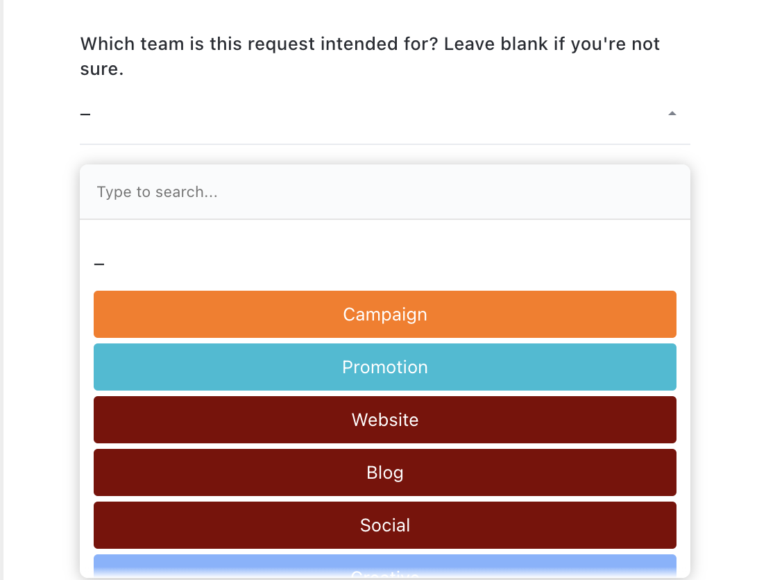 Capture d'écran des options de type de tâche sur le formulaire de demande marketing