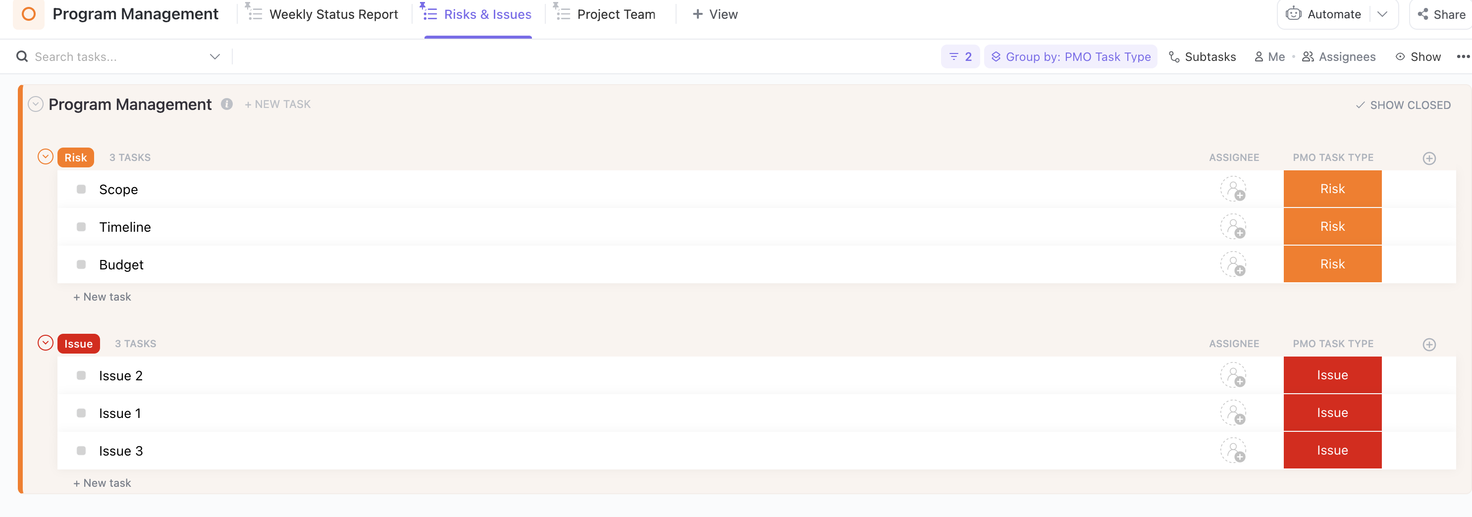 Screenshot of someone using a List view to keep track of project risks and issues.