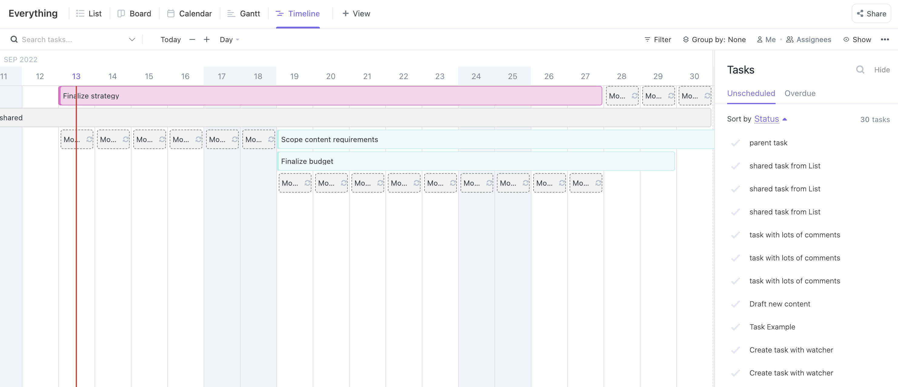 Screenshot of someone using Timeline view for PMO.