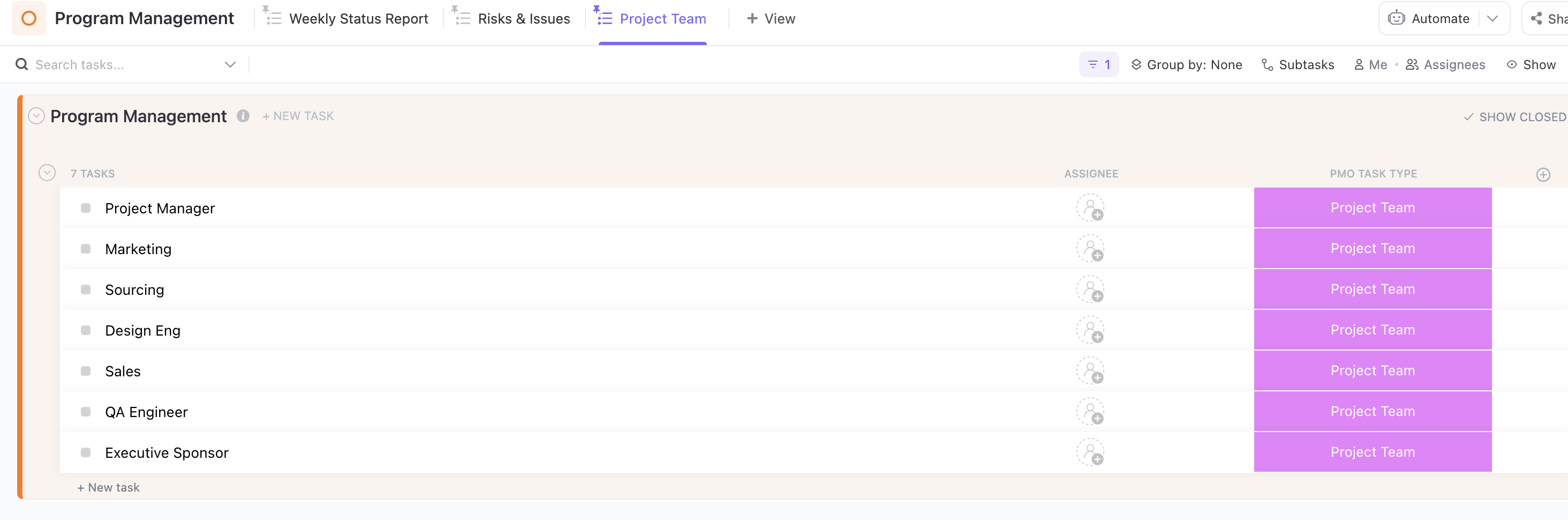 Screenshot of someone using a List view to identify project roles and responsibilities.