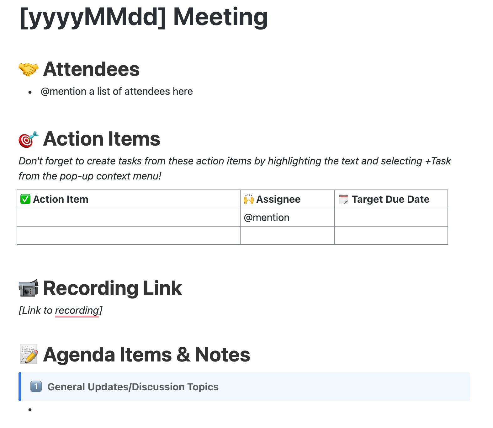 Screenshot of someone using a Doc for their PMO meeting notes.