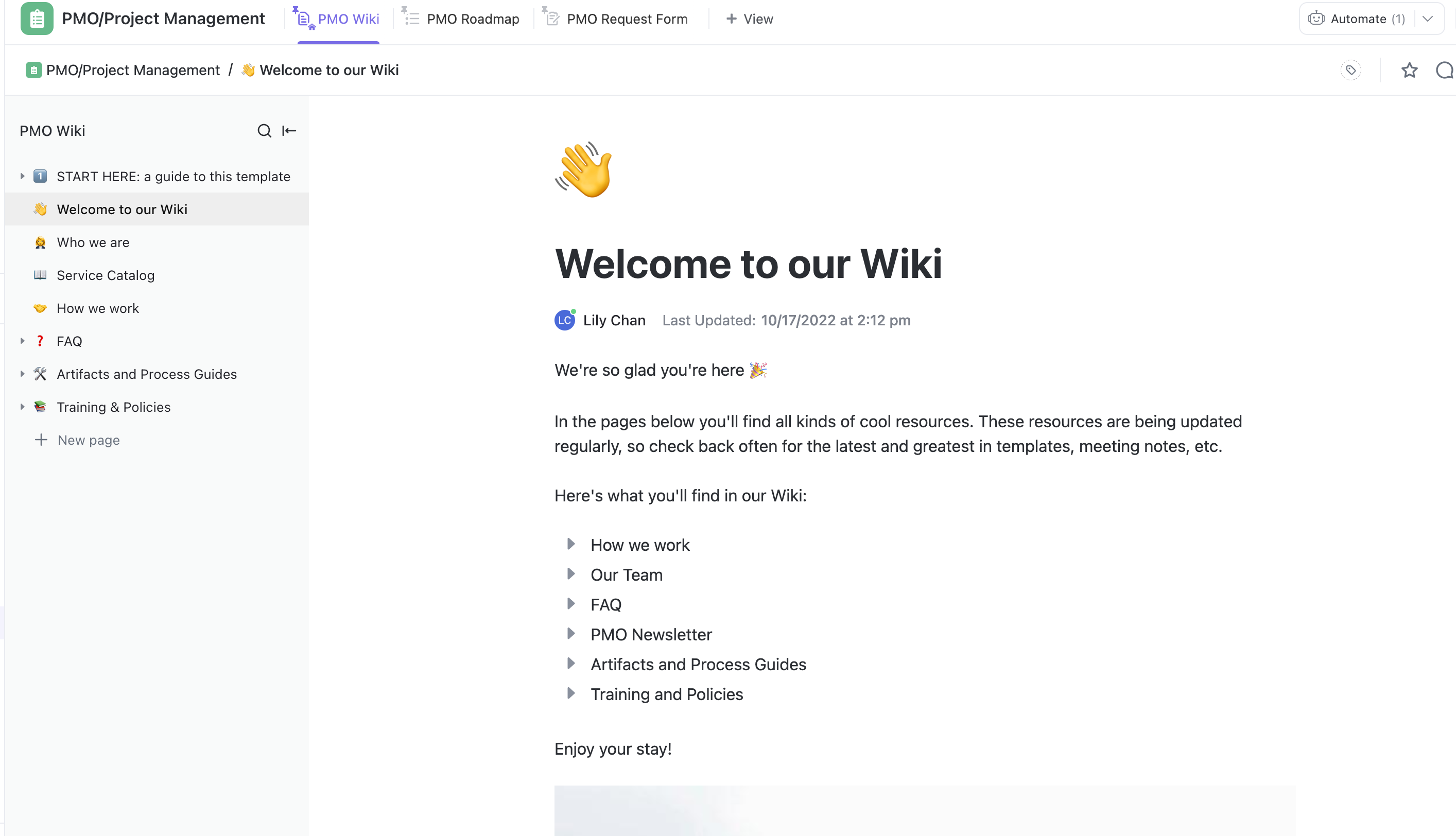 Screenshot di qualcuno che utilizza un Documento per il loro wiki di PMO.