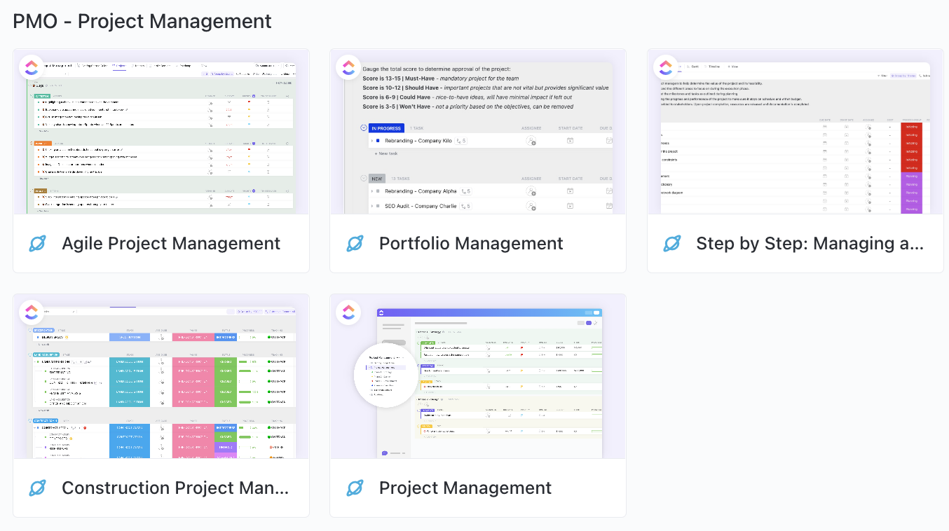 Screenshot of several pre-made project management Space templates in the Template Center.