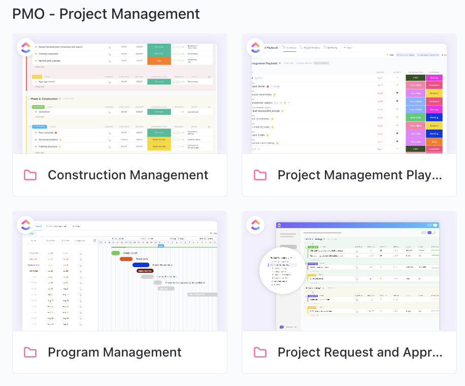 Screenshot of several pre-made project management Folder templates in the Template Center.