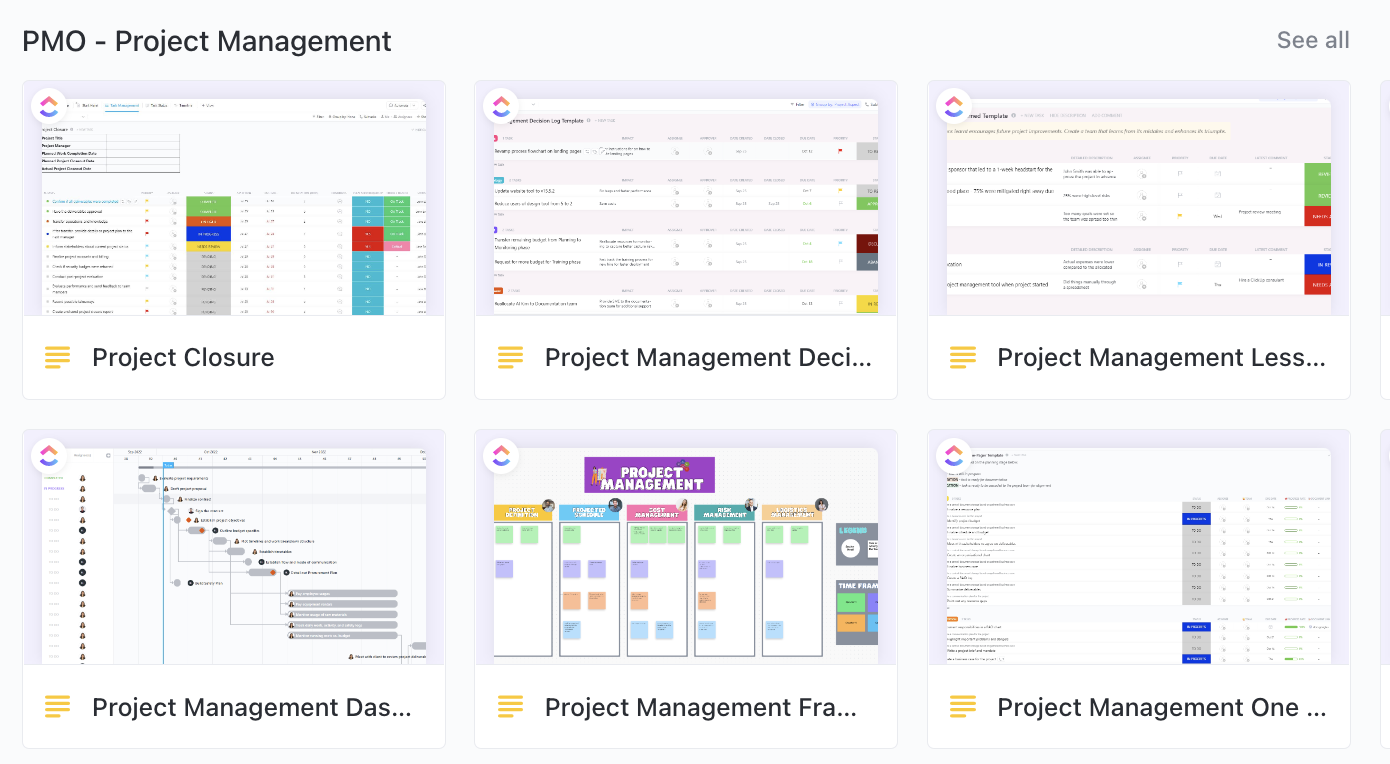 Screenshot of several pre-made project management List templates in the Template Center.