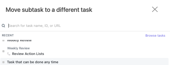 Screenshot of someone moving a subtask to a new location.